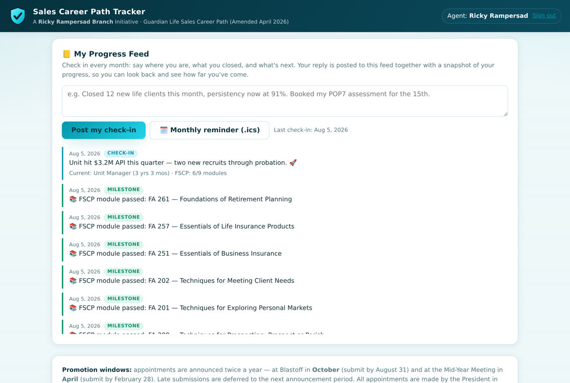 Monthly check-ins and the progress feed