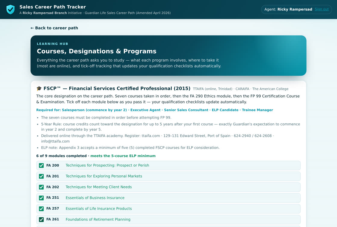 The Learning Hub with FSCP module tracking